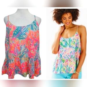 LILLY PULITZER Abena Top in a multi- olored "Fan Sea Pants" print. Size Med